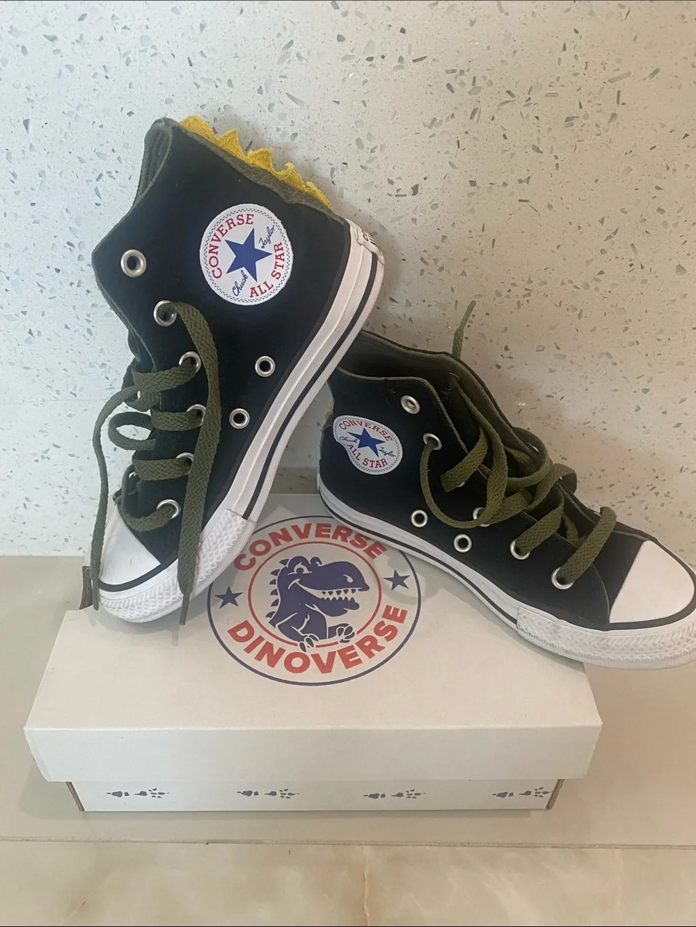 Converse Dinoverse. Black High-Top Sneakers with Olive Laces and Yellow Trim